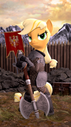 Size: 2160x3840 | Tagged: safe, artist:owlpirate, imported from derpibooru, applejack, earth pony, pony, 3d, armor, axe, banner, battle axe, bipedal, female, mare, medieval, solo, source filmmaker, weapon