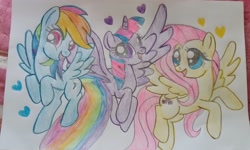 Size: 3120x1869 | Tagged: safe, artist:elizabeth7uzumaki, imported from derpibooru, fluttershy, rainbow dash, twilight sparkle, alicorn, pegasus, pony, female, heart, mare, traditional art, trio, twilight sparkle (alicorn)