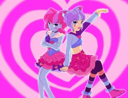 Size: 2048x1570 | Tagged: safe, artist:sugarcube269, imported from derpibooru, kiwi lollipop, supernova zap, human, equestria girls, equestria girls series, sunset's backstage pass!, spoiler:eqg series (season 2), belly button, crossed arms, duo, duo female, female, heart, heart background, k-lo, open mouth, open smile, outline, postcrush, raised arm, smiling, su-z, white outline