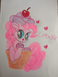 Size: 3120x4160 | Tagged: safe, artist:elizabeth7uzumaki, imported from derpibooru, pinkie pie, earth pony, pony, cherry, cupcake, female, food, heart, licking, licking lips, mare, ponies in food, solo, tongue out, traditional art