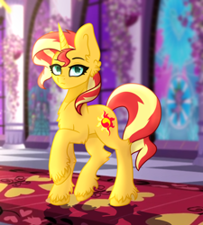 Size: 1800x2000 | Tagged: safe, artist:kiracatastic, imported from derpibooru, sunset shimmer, pony, unicorn, castle, female, mare, raised hoof, solo, unshorn fetlocks