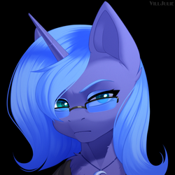 Size: 1024x1024 | Tagged: safe, artist:villjulie, imported from derpibooru, princess luna, alicorn, pony, black background, bust, clothes, eyebrows, female, jewelry, mare, necklace, portrait, raised eyebrow, s1 luna, shirt, signature, simple background, solo, sunglasses