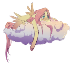 Size: 782x680 | Tagged: safe, artist:qtshibbazzz, imported from derpibooru, fluttershy, pegasus, pony, blushing, cloud, female, lying down, lying on a cloud, mare, on a cloud, simple background, solo, white background