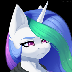 Size: 1024x1024 | Tagged: safe, artist:villjulie, imported from derpibooru, princess celestia, alicorn, pony, black background, bust, clothes, female, frown, mare, portrait, signature, simple background, solo
