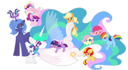 Size: 6000x3294 | Tagged: safe, artist:wkirin, imported from derpibooru, applejack, fluttershy, pinkie pie, princess cadance, princess celestia, princess luna, rainbow dash, rarity, starlight glimmer, sunset shimmer, twilight sparkle, alicorn, earth pony, pegasus, pony, unicorn, absurd resolution, angry, auntie luna, chest fluff, cute, cutedance, cutelestia, daaaaaaaaaaaw, dashabetes, diapinkes, female, filly, filly applejack, filly fluttershy, filly pinkie pie, filly rainbow dash, filly rarity, filly starlight glimmer, filly sunset shimmer, filly twilight sparkle, floppy ears, jackabetes, lidded eyes, lying down, madorable, mane six, mare, momlestia fuel, on back, one eye closed, raribetes, s1 luna, shimmerbetes, shyabetes, simple background, teen princess cadance, transparent background, transparent mane, twiabetes, twilight sparkle (alicorn), weapons-grade cute, younger