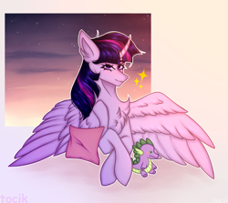 Size: 3000x2670 | Tagged: safe, artist:tocik, imported from derpibooru, spike, twilight sparkle, alicorn, pony, chest fluff, crossed hooves, female, mare, pillow, plushie, signature, smiling, solo, spike plushie, twilight (astronomy), twilight sparkle (alicorn)