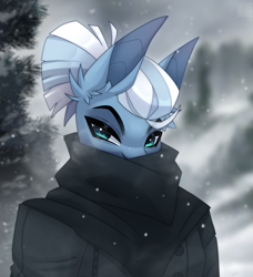 Size: 2241x2454 | Tagged: safe, artist:elektra-gertly, imported from derpibooru, oc, oc only, anthro, clothes, cold, commission, jacket, scarf, snow, snowfall, solo, tree