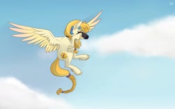 Size: 1811x1130 | Tagged: safe, artist:glassygreatart, imported from derpibooru, golden feather, princess celestia, pegasus, pony, binoculars, cloud, female, flying, mare, sky, smiling, solo, spread wings, wings