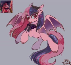 Size: 2048x1865 | Tagged: safe, artist:petaltwinkle, imported from derpibooru, bat pony, pony, bowtie, female, gray background, looking at you, mare, mole, ponified, screencap reference, signature, simple background, smiling, smiling at you, solo, spread wings, wings