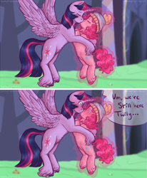 Size: 2627x3184 | Tagged: safe, artist:violetpony11, imported from derpibooru, pinkie pie, twilight sparkle, alicorn, earth pony, pony, best gift ever, cap, duo, duo female, eyes closed, female, food, hat, implied shining armor, kiss on the lips, kissing, lesbian, levitation, magic, mare, offscreen character, pudding, puddinghead's pudding, shipping, spread wings, telekinesis, twilight sparkle (alicorn), twinkie, wings