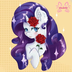 Size: 1280x1280 | Tagged: safe, artist:niveria25, imported from derpibooru, rarity, pony, unicorn, abstract background, blushing, bust, female, flower, flower in hair, mare, open mouth, open smile, portrait, rose, signature, smiling, solo