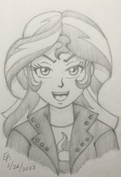 Size: 1000x1458 | Tagged: safe, artist:mayorlight, imported from derpibooru, sunset shimmer, equestria girls, bust, looking at you, monochrome, open mouth, pencil drawing, solo, traditional art