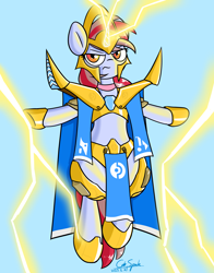 Size: 4700x6000 | Tagged: safe, artist:cdrspark, imported from derpibooru, oc, oc:cinnamon lightning, unicorn, armor, armored pony, female, high templar, lightning, midriff, simple background, solo, starcraft 2