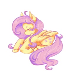 Size: 1000x1000 | Tagged: safe, artist:fallomiyne, imported from derpibooru, fluttershy, pegasus, pony, cute, eyes closed, female, lying down, mare, prone, shyabetes, simple background, smiling, solo, white background