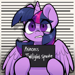 Size: 1037x1033 | Tagged: safe, artist:oofycolorful, imported from derpibooru, twilight sparkle, alicorn, pony, barbie, barbie mugshot meme, eye clipping through hair, eyebrows, eyebrows visible through hair, female, frown, gritted teeth, hoof hold, looking at you, mare, meme, mugshot, parody, shrunken pupils, simple background, solo, spread wings, teeth, text, twilight sparkle (alicorn), wide eyes, wings, worried