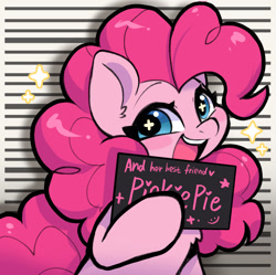 Size: 1037x1033 | Tagged: safe, artist:oofycolorful, imported from derpibooru, pinkie pie, earth pony, pony, barbie, barbie mugshot meme, chest fluff, ear fluff, female, hoof hold, looking at you, mare, meme, mugshot, open mouth, parody, simple background, smiling, solo, sparkles, starry eyes, text, wingding eyes