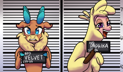 Size: 1200x709 | Tagged: safe, artist:redahfuhrerking, imported from derpibooru, alpaca, deer, reindeer, them's fightin' herds, barbie mugshot meme, cloven hooves, community related, hoof hold, meme, mugshot, paprika (tfh), velvet (tfh)