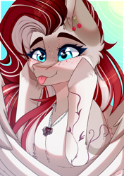 Size: 2760x3920 | Tagged: safe, artist:honeybbear, imported from derpibooru, oc, oc only, oc:cherry heart, pegasus, :p, blue eyes, bust, cheek squish, colored wings, ear fluff, ear piercing, earring, freckles, jewelry, necklace, piercing, portrait, red mane, solo, squishy cheeks, tongue out, two toned mane, two toned wings, wings