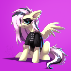 Size: 1634x1621 | Tagged: safe, artist:rtootb, imported from derpibooru, fluttershy, pegasus, pony, fake it 'til you make it, alternate design, alternate hairstyle, big ears, clothes, digital art, ear piercing, ears back, eyelashes, eyeshadow, female, fluttergoth, fluttershy is not amused, full body, g4, goth, goth pony, green eyes, hair over one eye, it's not a phase, looking at you, makeup, mare, piercing, pink background, pink hair, shading, shirt, simple background, sitting, solo, spread wings, t-shirt, unamused, wings