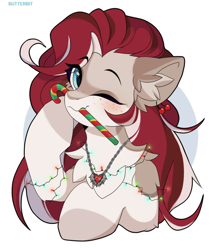 Size: 1200x1400 | Tagged: safe, artist:butterbit, imported from derpibooru, oc, oc only, oc:cherry heart, pony, blue eyes, cherry, commission, ear fluff, ear piercing, earring, food, holiday, jewelry, necklace, one eye closed, piercing, red mane, solo, wink, ych result