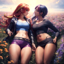 Size: 1792x1792 | Tagged: safe, imported from derpibooru, prompter:n0pe_n0pe, sunset shimmer, twilight sparkle, human, ai content, ai generated, belly button, breasts, clothes, dark skin, duo, eye contact, female, flower, humanized, imminent kissing, jacket, leather, leather jacket, lesbian, looking at each other, looking at someone, panties, realistic, reasonably sized breasts, shipping, shorts, skirt, sunsetsparkle, underwear, upskirt, wide hips