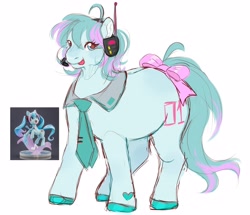 Size: 3524x3024 | Tagged: safe, artist:mysthooves, imported from derpibooru, kotobukiya, earth pony, pony, anime, eye clipping through hair, female, hatsune miku, headset, kotobukiya hatsune miku pony, mare, ponified, simple background, solo, tongue out, vocaloid, white background
