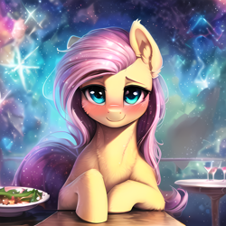 Size: 2560x2560 | Tagged: safe, imported from derpibooru, fluttershy, pegasus, pony, abstract background, ai content, ai generated, blushing, cute, date, ear fluff, female, food, generator:novelai, generator:stable diffusion, lidded eyes, looking at you, mare, prompter:endless--, shyabetes, sitting, smiling, smiling at you, solo, sternocleidomastoid, table