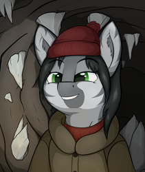 Size: 3000x3550 | Tagged: safe, artist:marusya, imported from derpibooru, oc, pony, zebra, fallout equestria, fallout equestria: the fossil, beanie, cave, fanfic art, female, hat, mare, smiling, solo