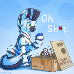 Size: 2000x2000 | Tagged: safe, artist:adagiostring, imported from derpibooru, oc, oc only, oc:rayven, fly, insect, pony, zebra, cable, cables, censored, censored vulgarity, computer, concave belly, hard drive, jewelry, male, necklace, ponies with technology, sitting, solo, zebra oc