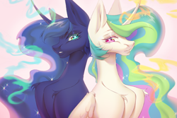 Size: 3707x2472 | Tagged: safe, artist:mashiro, imported from derpibooru, princess celestia, princess luna, alicorn, pony, duo, duo female, ethereal mane, female, horn, human lips, long mane, mare, royal sisters, siblings, sisters