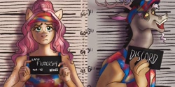 Size: 2048x1020 | Tagged: safe, artist:dykecord, imported from derpibooru, discord, fluttershy, anthro, draconequus, pegasus, antlers, barbie mugshot meme, beard, clothes, duo, duo male and female, facial hair, female, hat, horn, implied discoshy, implied shipping, implied straight, male, meme, mugshot, name, open mouth, signature
