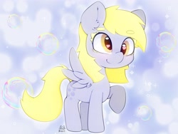 Size: 4000x3000 | Tagged: safe, artist:zokkili, imported from derpibooru, derpy hooves, pegasus, pony, beanbrows, bubble, cute, derpabetes, ear fluff, eyebrows, heart, heart eyes, high res, raised hoof, signature, smiling, solo, spread wings, wingding eyes, wings