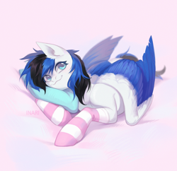 Size: 3100x3000 | Tagged: safe, artist:inarimayer, imported from derpibooru, oc, oc only, pegasus, pony, :3, clothes, colored wings, cute, lying down, pegasus oc, pillow, smiling, socks, solo, striped socks, two toned wings, wings