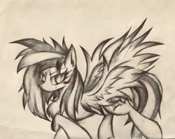 Size: 2049x1626 | Tagged: safe, artist:lydia, imported from derpibooru, oc, oc:wooden toaster, pony, bedroom eyes, cool, glaze, looking at you, paper, pencil drawing, sketch, spread wings, traditional art, wings