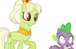 Size: 1113x720 | Tagged: safe, artist:kingbases, artist:tanahgrogot, imported from derpibooru, granny smith, spike, dragon, earth pony, pony, alternate universe, base used, duo, female, gritted teeth, mare, open mouth, simple background, teeth, transparent background, wide eyes, young granny smith, younger