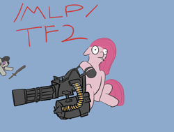 Size: 1464x1109 | Tagged: safe, imported from derpibooru, octavia melody, pinkie pie, earth pony, pony, /mlp/ tf2 general, cigarette, demoknight, demoman, eyepatch, heavy weapons guy, minigun, natascha, pinkamena diane pie, sword, team fortress 2, text, weapon