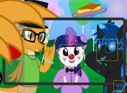 Size: 1063x778 | Tagged: safe, artist:wheatley r.h., derpibooru exclusive, imported from derpibooru, oc, oc only, oc:myoozik the dragon, oc:twi clown, oc:w. rhinestone eyes, changeling, dragon, unicorn, balloon, birthday, blue changeling, bowtie, bracelet, bush, cellphone, changeling oc, clothes, clown, clown makeup, clown nose, cuffs, dragon oc, female, flan, food, glasses, glowing, glowing horn, hair, happy, hat, honeypot changeling, horn, jewelry, magic, male, mare, necklace, non-pony oc, party balloon, phone, photo, pudding, red nose, shirt, shorts, stallion, telekinesis, tongue out, top hat, unicorn oc, vector, watermark