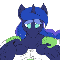 Size: 3508x3508 | Tagged: safe, artist:ponny, imported from derpibooru, princess luna, oc, oc:anon, alicorn, human, hug, looking at you, lying down, on top, simple background, transparent background, winghug, wings