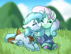 Size: 2536x1920 | Tagged: safe, artist:witchtaunter, imported from derpibooru, oc, oc only, pegasus, pony, bow, chest fluff, clothes, cloud, commission, cute, ear fluff, eyes closed, female, grass, grass field, lesbian, mare, mountain, nuzzling, oc x oc, outdoors, pegasus oc, scarf, shipping, smiling, tail, tail bow