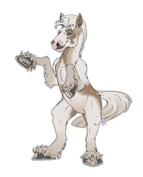 Size: 1875x2325 | Tagged: safe, artist:pyszka, imported from derpibooru, oc, oc only, oc:rose(shinoya), earth pony, pony, anatomy, chest fluff, ear fluff, eyebrows, female, feral, feral fluffy pony, frog (hoof), hooves, horseshoes, mare, mohawk, raised eyebrow, raised hoof, smiling, solo, solo female, tomboy, underhoof