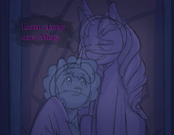 Size: 893x695 | Tagged: safe, anonymous artist, imported from derpibooru, opaline arcana, alicorn, pony, unicorn, series:misty pov, dialogue, duo, duo female, female, g5, hug, limited palette, mare, misty brightdawn, opaline's dark castle, sitting, this will end in tears, throne, throne room, winghug, wings