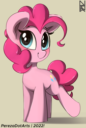 Size: 2160x3198 | Tagged: safe, artist:perezadotarts, imported from derpibooru, pinkie pie, earth pony, pony, blue eyes, blushing, cute, logo, raised leg, simple background, smiling, solo, text