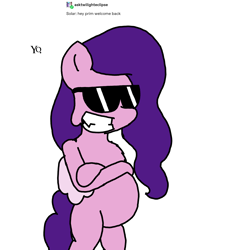 Size: 3023x3351 | Tagged: safe, artist:professorventurer, imported from derpibooru, pipp petals, pegasus, pony, series:ask pippamena, belly, bipedal, crossed hooves, female, g5, mare, pippamena, pregnant, sharp teeth, smiling, sunglasses, teeth, yo