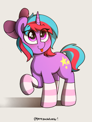 Size: 2250x3000 | Tagged: safe, artist:perezadotarts, imported from derpibooru, oc, oc only, oc:cosmic spark, pony, unicorn, :p, bow, clothes, female, hair bow, looking up, simple background, smiling, socks, solo, striped socks, text, tongue out