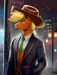 Size: 1536x2048 | Tagged: safe, artist:darbarri, imported from derpibooru, applejack, anthro, earth pony, ai assisted, ai content, cigar, clothes, jacket, night, noir, rule 63, sad, smoking, solo