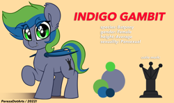 Size: 4096x2440 | Tagged: safe, artist:perezadotarts, imported from derpibooru, oc, oc only, oc:indigo gambit, bat pony, pony, bat pony oc, colored, cutie mark, fangs, looking at you, reference sheet, simple background, smiling, solo, text, wings