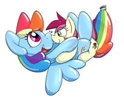 Size: 1634x1342 | Tagged: safe, anonymous artist, imported from derpibooru, rainbow dash, roseluck, balloon pony, earth pony, inflatable pony, pegasus, pony, balloon, balloon rainbow dash, cuddling, duo, duo female, female, happy, heart, mare, nuzzling, riding, simple background, smiling, white background