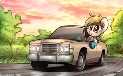 Size: 5096x3160 | Tagged: safe, artist:perezadotarts, imported from derpibooru, oc, oc only, oc:sand dollar, earth pony, pony, car, driving, female, ford, lights, mare, motion lines, sky, smiling, solo, vehicle