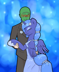 Size: 1000x1220 | Tagged: safe, alternate version, artist:kumakum, imported from derpibooru, princess luna, oc, oc:anon, alicorn, human, pony, (you), clothes, cute, dancing, dress, flower, slow dance, wholesome