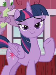 Size: 410x551 | Tagged: safe, imported from derpibooru, screencap, spike, twilight sparkle, alicorn, dragon, pony, harvesting memories, spoiler:harvesting memories, spoiler:mlp friendship is forever, bedroom eyes, cropped, female, flying, looking at you, mare, raised hoof, smiling, smiling at you, solo focus, stupid sexy twilight, sweet apple acres, sweet apple acres barn, twilight sparkle (alicorn)